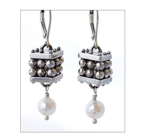 Cubism Earrings Sterling Frame with Sterling Beads and White Pearl Drops