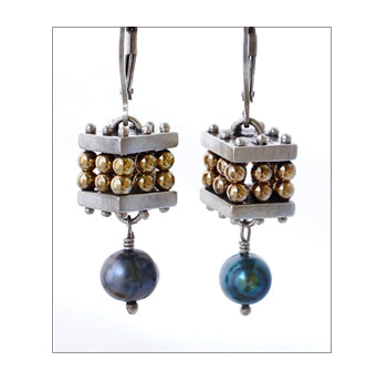 Cubism Earrings Sterling Frame with 14 Kt Gold beads and Black Pearl Drops