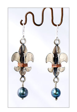 Spinner Earrings with Copper Wrap and Black Pearl Drop